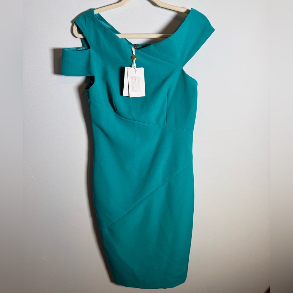 Ted Baker London Turquoise Asymmetric Bodycon Dress NWT Off Shoulder Cocktail 3‎